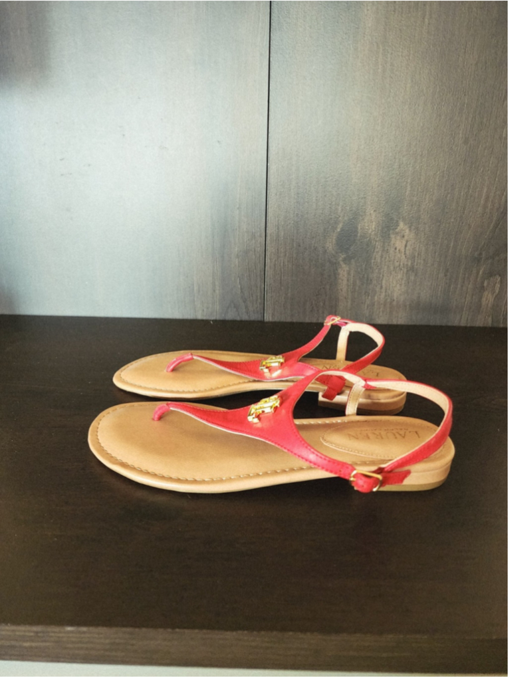 Ralph Lauren LEATHER Ankle Strap Thong Flip Flop Sandals 8 B Medium - Red - Picture 8 of 13
